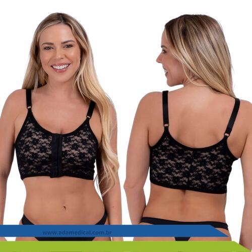 Sutiã Pós-Cirúrgico Bege com Acabamento em Renda Preto para Mamoplástia e Mastectomia 60153 New Form
